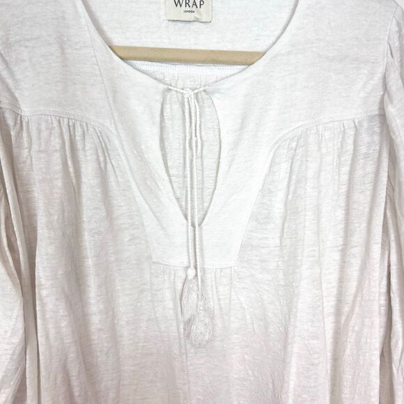 Wrap London Linen Blouse Womens 14 white tassel tie Long Sleeve Peasant large - Picture 4 of 13